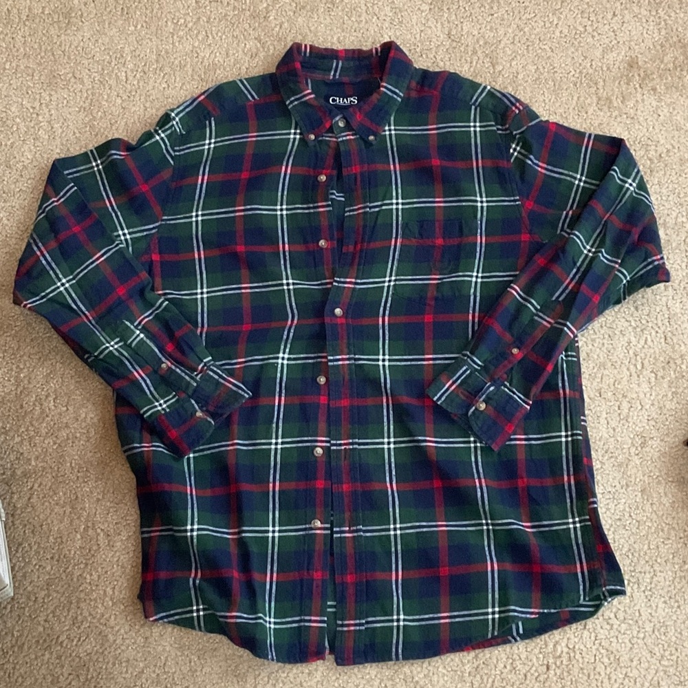 Chaps Men's Casual Plaid Flannel Shirt - Navy and Red
